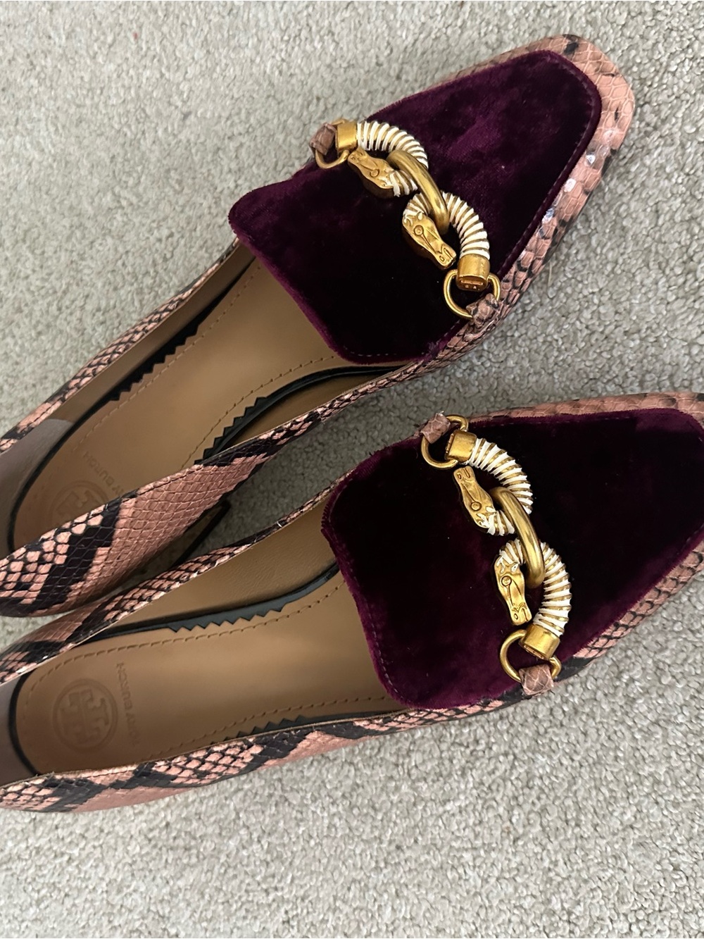 Tory Burch Women's Velvet and Snake-Print Loafers in Burgundy and Pink - Picture 6 of 12